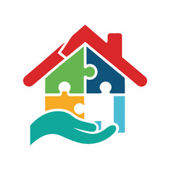 Puzzle House Logo Template Design. Hand puzzle logo design vector art Illustration.