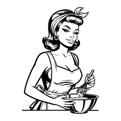 Obraz premium Black and white pop art illustration of a retro woman confidently mixing ingredients in a bowl, wearing an apron and headscarf, showcasing classic 1950s style and vintage domestic charm.