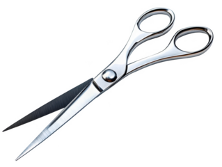 A sleek, stainless steel pair of scissors with sharp blades, ideal for cutting paper, fabric, or other materials. PNG, Transparent, No Background
