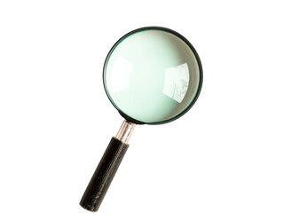 Close-up image of a classic magnifying glass with a black handle, ideal for exploration, inspection, and study purposes on a white background. PNG, Transparent, No Background