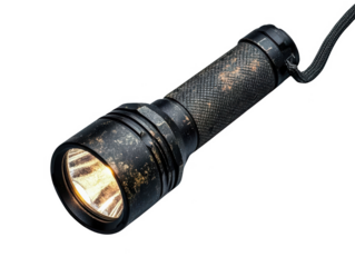 Close-up of a black flashlight with visible wear and lit bulb, isolated on a white background. Perfect for survival and camping themes. PNG, Transparent, No Background