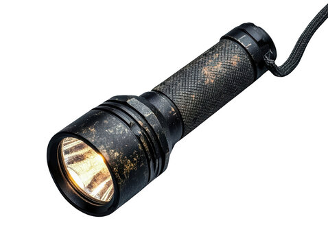 Close-up of a black flashlight with visible wear and lit bulb, isolated on a white background. Perfect for survival and camping themes. PNG, Transparent, No Background