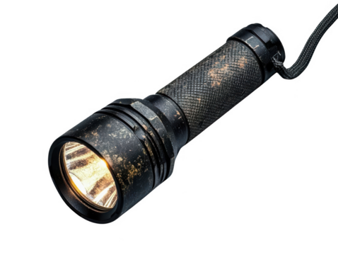 Close-up of a black flashlight with visible wear and lit bulb, isolated on a white background. Perfect for survival and camping themes. PNG, Transparent, No Background - Powered by Adobe