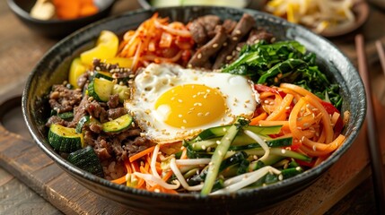 Bowl of Bibimbap with Colorful Vegetables, Beef, and a Fried Egg