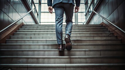 young businessman feet sprinting up stairs office claiming up cooperate ladder 