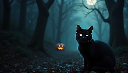 Spooky Cat Witch Halloween Background Design, Pumpkin Jack O Lantern, Night of Halloween for poster, social media post and promotion