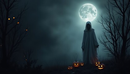 Witch and ghost Halloween Background Design, Pumpkin Jack O Lantern, Spooky Night of Halloween for poster, social media post and promotion