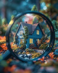 Finding new house, rental housing market, magnifying glass near residence, generative AI, detailed and vivid