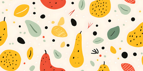 Seamless Watercolor Flat Lay Composition With Fresh Fruits With Leaves a Vibrant Pattern on a Yellow Background Print for Textile, Packaging, Banner, Decor, Wrap, Fashion, Accessories, Web, Social.