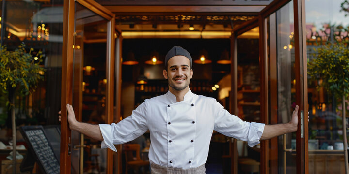 A friendly chef welcomes guests at the entrance of his restaurant, holding the door open and smiling warmly.. caucasian man