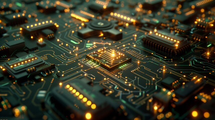 Obraz premium futuristic tech wallpaper featuring a detailed circuit board pattern with interconnected pathways, glowing chips, and intricate circuitry, technology background, computer motherboard 