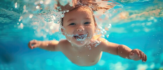 little baby swims underwater in clear blue water of a pool, funny portrait of toddler learns swimming, kids water sports activity, baby swimming lesson