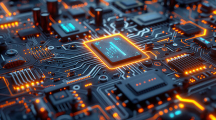 Obraz premium futuristic tech wallpaper featuring a detailed circuit board pattern with interconnected pathways, glowing chips, and intricate circuitry, technology background, computer motherboard 