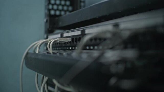 Maintenance of LAN or web servers. Close up of system administrator connecting cables with server rack, working in server room. Operation of information systems and networks. Data storage center.