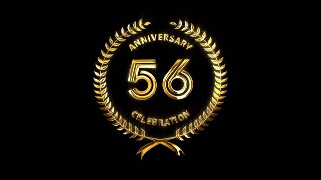56th Anniversary Celebration. Happy 56 Years Anniversary Animation in Gold Color on the Transparent Background, Alpha Channel. Great for greetings, celebrations, events, and gifts.