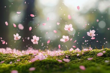 Delicate pink sakura petals softly descending on moss-covered ground, creating a peaceful and serene atmosphere during Japan's iconic cherry blossom season, with the petals gently covering the earth