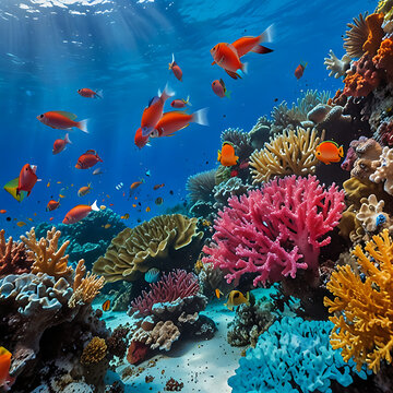 A colorful reef with many fish and coral. The scene is vibrant and lively