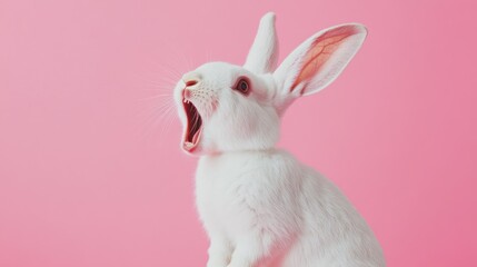 Fototapeta premium White Rabbit Yawning Against Pink Background