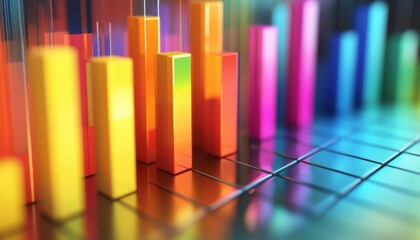 Obraz premium Colorful 3D bar graph illustrating data trends, vibrant colors enhancing visualization and analysis for presentations and reports.