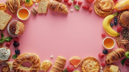 Delicious assortment of pastries, fruits, and treats arranged beautifully on pink background, perfect for food lovers and bakeries.