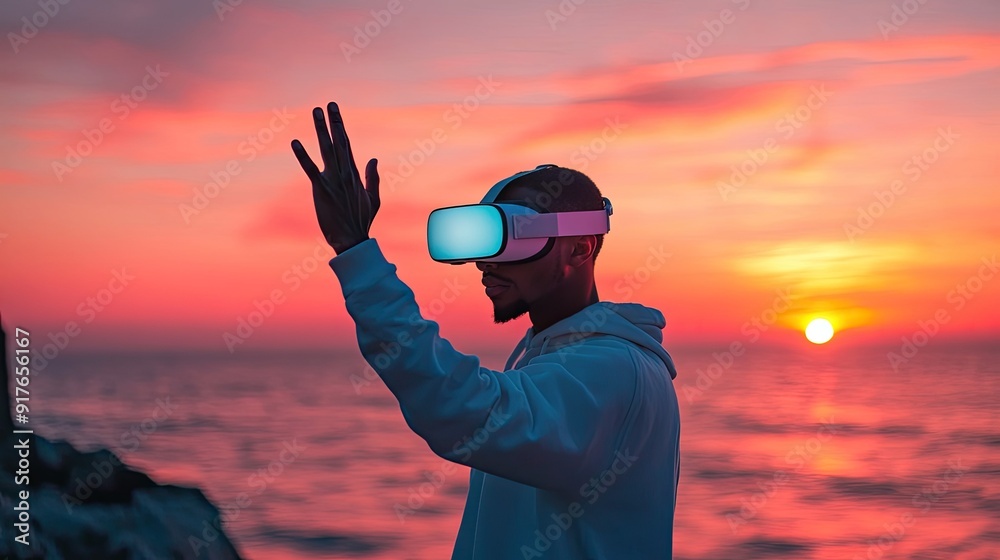 Wall mural man touching air in VR glasses