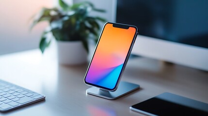Modern Workplace Setup with Smartphone on Stand