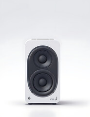 Fototapeta premium High-Resolution Mock-Up of a Sleek Bluetooth Speaker with a Minimalist Design and Metallic Finish on a Plain White Background, Featuring Ample Copy Space for Custom Branding