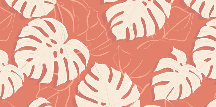 Seamless pattern of white monstera leaves on coral background The leaves are stylized with subtle shading giving them a 3D effect This design is perfect for creating wallpaper wrapping paper or textil