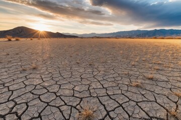 Drought-stricken desert landscape with cracked, parched earth and salt-crusted mud