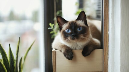 Oriental Cat standing on modern DIY cat climbing wallscapes