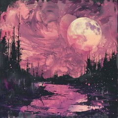 Obraz premium A painted landscape with a large pink moon and a silhouetted forest in the foreground