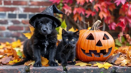 Puppy with a witch cap and a black cat sitting beside to a pumpkin and colorful autumn foliage in a halloween party