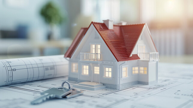 small model house with keys on a blueprint