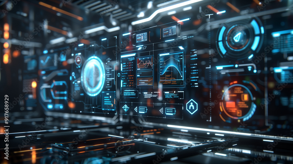 Poster futuristic digital technology data management system augmented reality interface with floating holog
