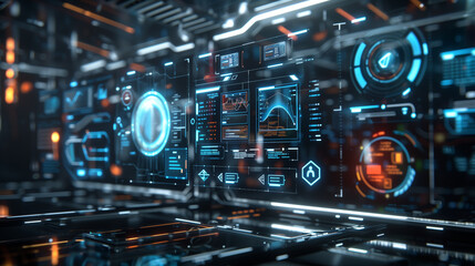 Obraz premium futuristic digital technology data management system augmented reality interface with floating holographic displays, interactive icons, and layered information panels, tech wallpaper background 