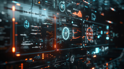 futuristic digital technology data management system augmented reality interface with floating holographic displays, interactive icons, and layered information panels, tech wallpaper background 