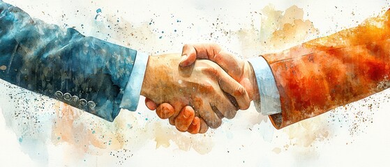 A watercolor illustration of a business handshake symbolizing partnership and agreement in a professional setting.