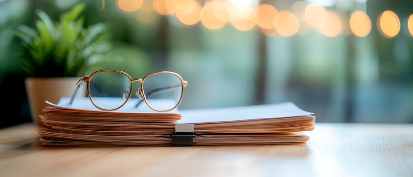 Close-up of glasses resting on a stack of documents with a green plant in the background and soft lighting creating a warm ambiance.