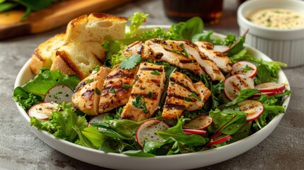 Fototapeta premium a fresh garden salad topped with grilled chicken, served with a side of garlic bread.