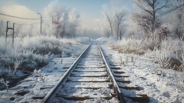 Railroad tracks in a scene of frosty winter