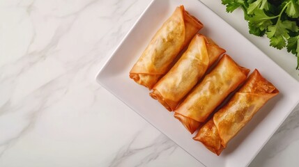 Golden Fried Spring Rolls on White Plate