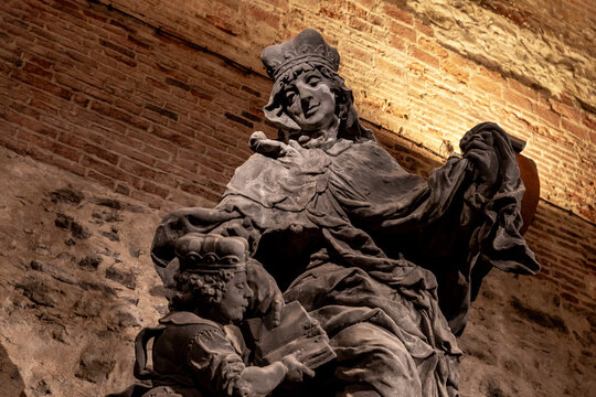 Upper part of statue of St Ludmila of Tolentino made by sculptor Braun stands in dungeon under fortress walls in Vysehrad Prague in Czech Republic