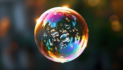 A colorful bubble floated in the background, reflecting colorful light and small bubbles.