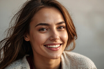 Portrait of a beautiful young Romanian woman smiling radiantly happily with flowing hair and smooth healthy skin