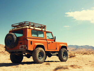 Obraz premium Retro 1970s off-road vehicle with rugged tires and a roof rack, parked at the edge of a desert, ready for an adventure under the hot sun