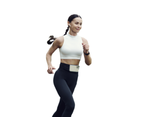 female athlete runs in the park, does fitness, reduces weight, and leads a healthy lifestyleб isolated on transparent background, png