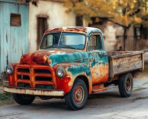 Fototapeta premium Vintage 1950s pickup truck with rusted paint and wooden bed, parked in a rural setting, capturing the rugged charm of classic work vehicles