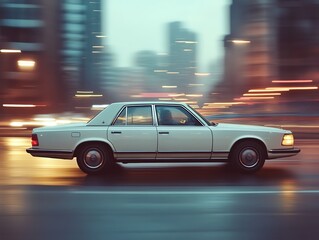 Vintage 1980s luxury sedan with sleek lines and tinted windows, cruising through a cityscape at dusk, capturing the essence of retro sophistication