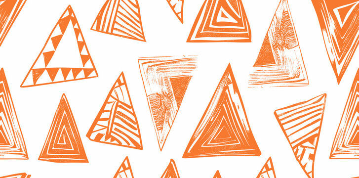 Abstract seamless pattern of orange triangles with textured fill on a white background This pattern is perfect for use in design projects such as fabric wallpaper and packaging