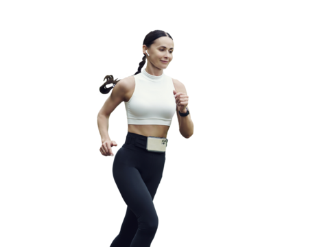 female athlete runs in the park, does fitness, reduces weight, and leads a healthy lifestyleб isolated on transparent background, png